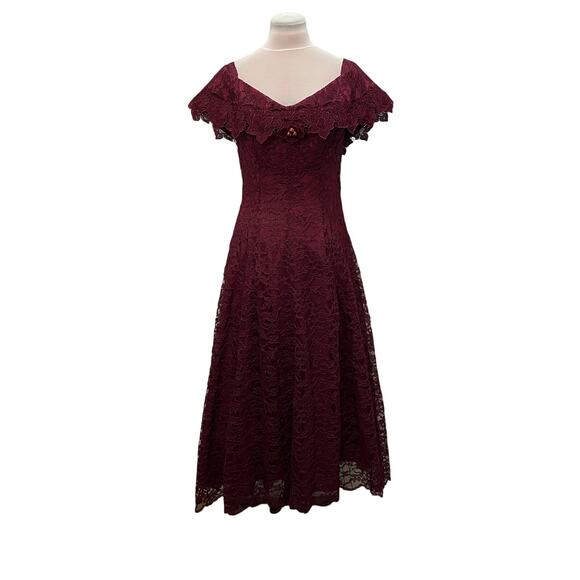 Cachet Dresses & Skirts - VINTAGE 90s CACHET Burgundy Lace Midi Dress 12 Whimsygoth Romantic Fairytale